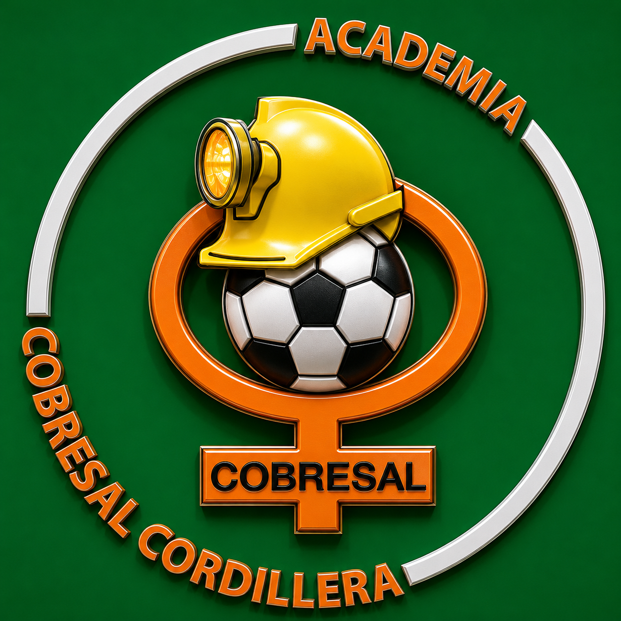 Emblema tridimensional de Academia Cobresal Cordillera con casco minero y balón de fútbol