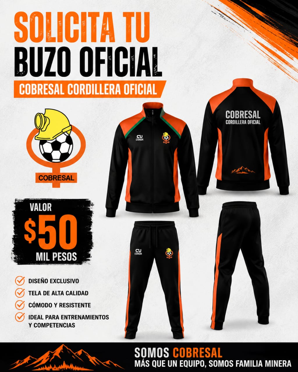 Promoción del buzo oficial Cobresal Cordillera, conjunto negro y naranjo